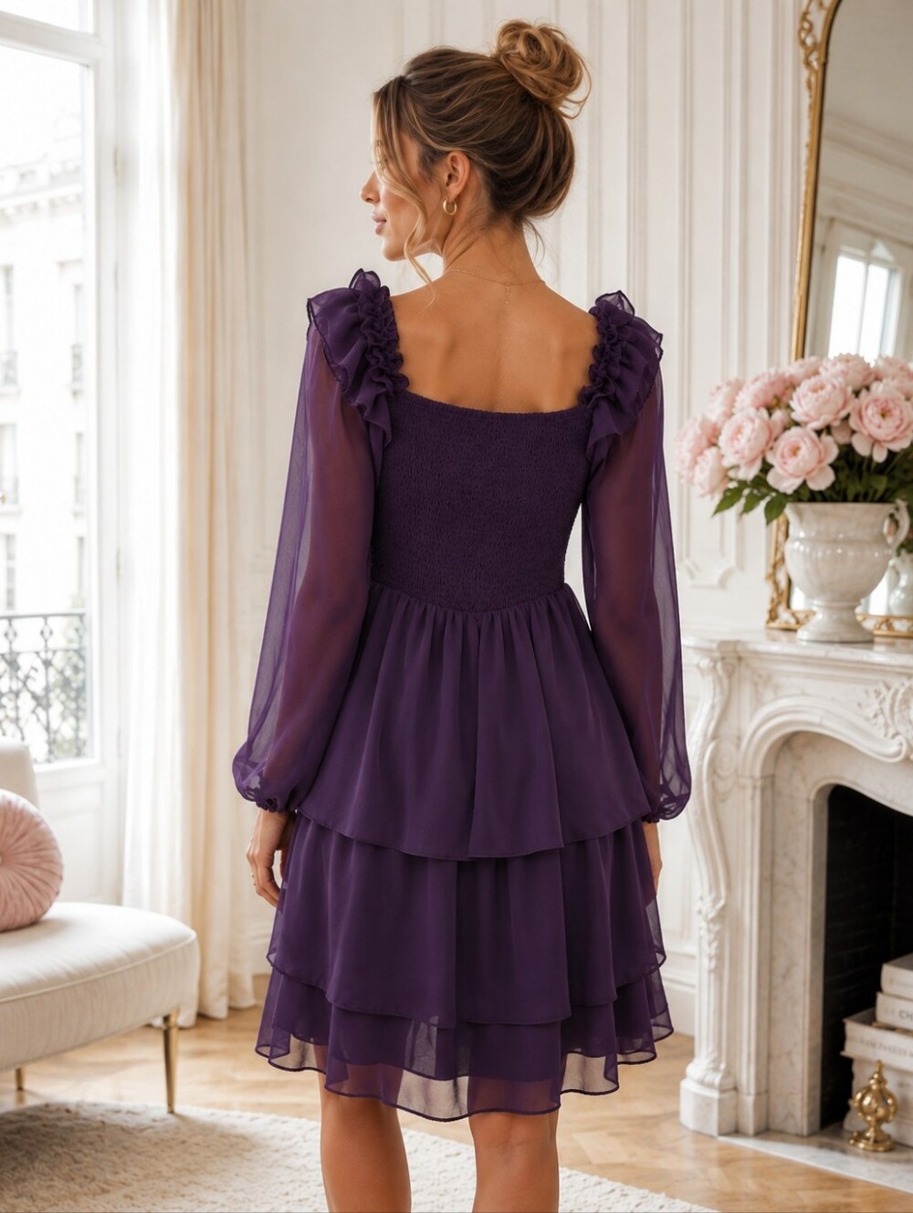 Byinns Plum Purple Tiered Chiffon Ruffle Mini Dress Small Romantic - Picture 2 of 11